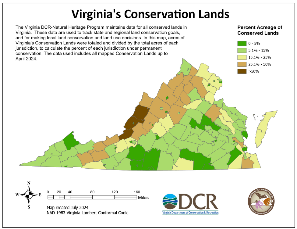 map of va conservation lands by percentage