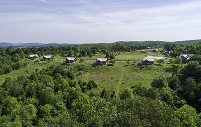 View of the cabins and mountains at James River State Park