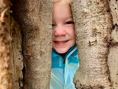 Kid peeking behind a tree